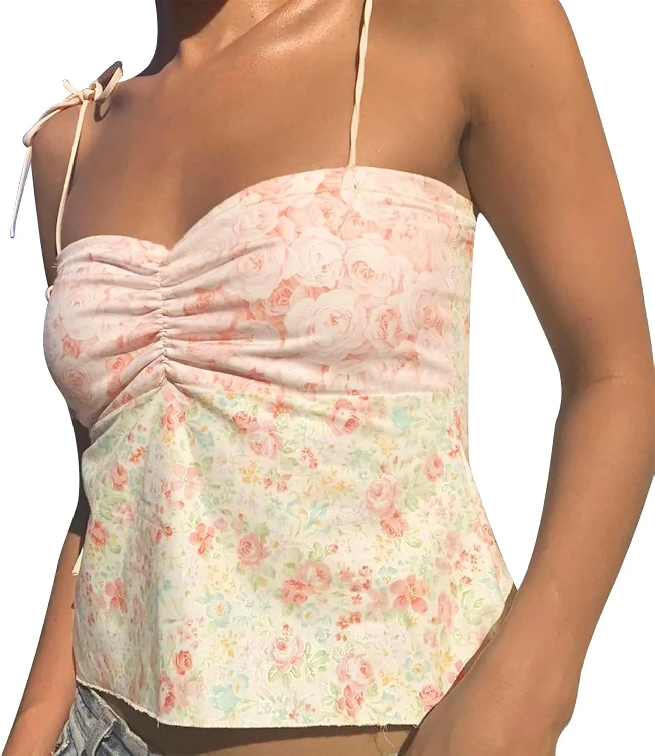 Women Y2k Spaghetti Strap Lace Camisole Sleeveless Floral Ruffle Crop Cami Top Slim Fit Going Out Tops Streetwear