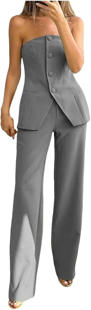 Womens 2 Piece Business Sets Sleeveless Buttons Off Shoulder Tops Straight Leg Dress Work Pants Suit Set