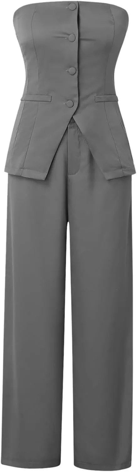 Womens 2 Piece Business Sets Sleeveless Buttons Off Shoulder Tops Straight Leg Dress Work Pants Suit Set