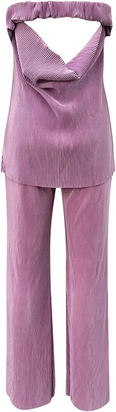 Womens 2 Piece Business Sets Sleeveless Buttons Off Shoulder Tops Straight Leg Dress Work Pants Suit Set