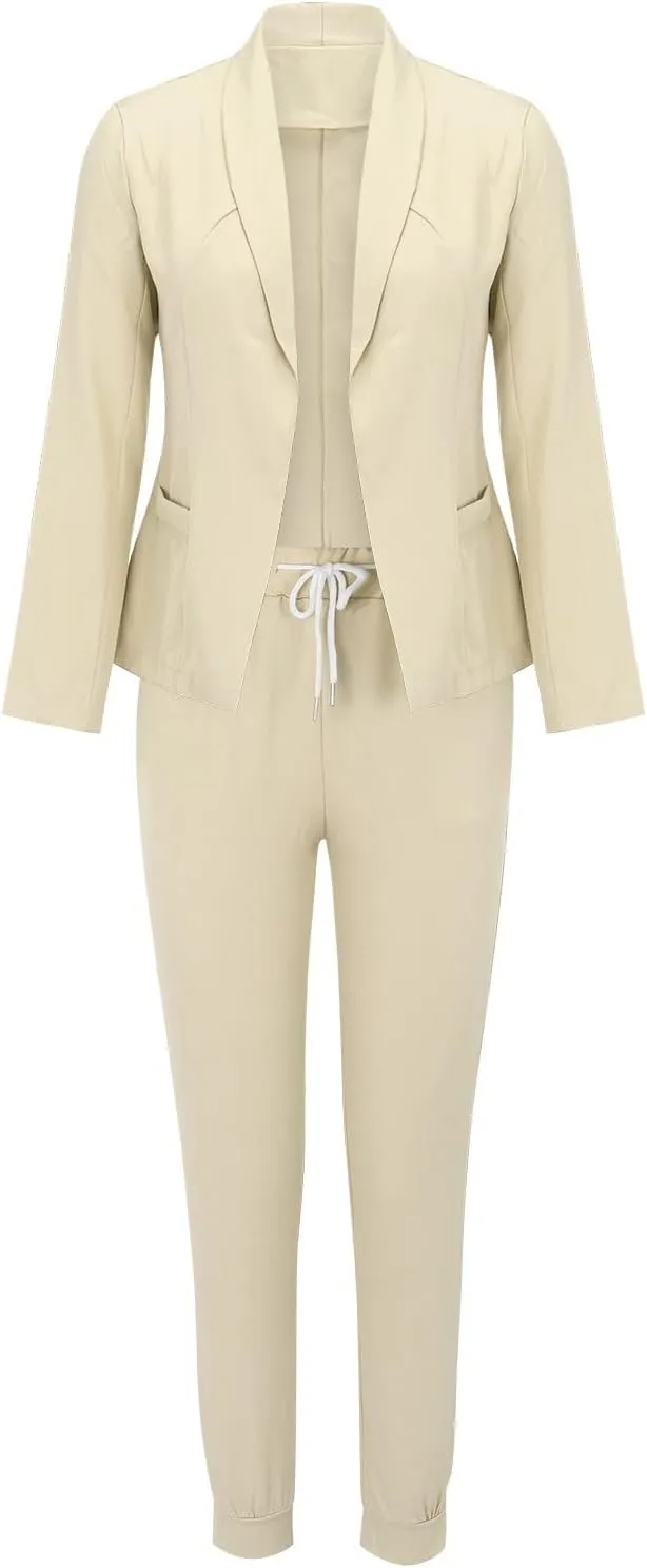Women's 2 Piece Outfits Dressy Casual Lapel Neck Open-Front Blazer Drawstring Jogger Pants Sets Slim Fit Suit Set