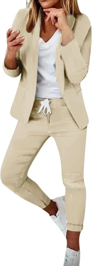 Women's 2 Piece Outfits Dressy Casual Lapel Neck Open-Front Blazer Drawstring Jogger Pants Sets Slim Fit Suit Set