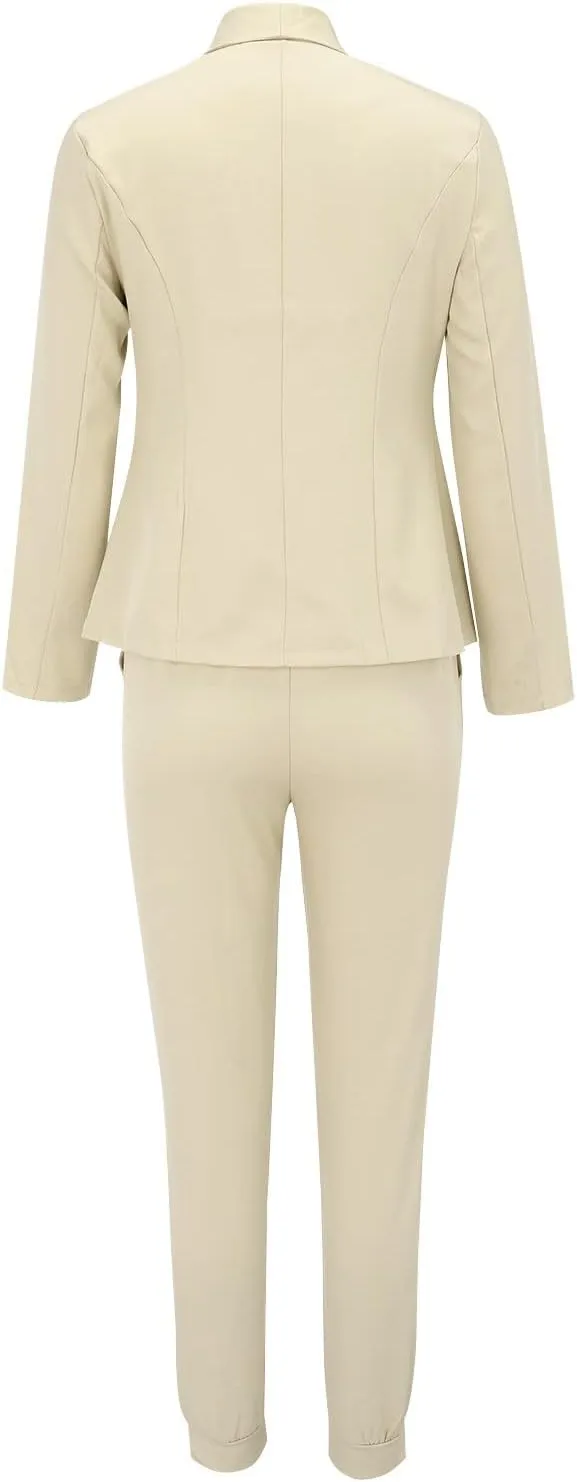 Women's 2 Piece Outfits Dressy Casual Lapel Neck Open-Front Blazer Drawstring Jogger Pants Sets Slim Fit Suit Set