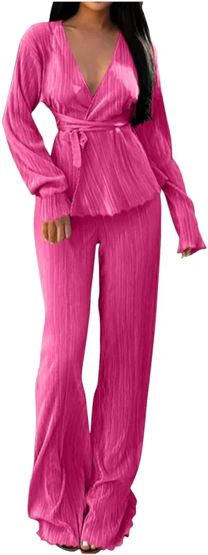 Women's 2 Piece Pleated Textured Sets Long Sleeve Wrap V Neck Shirt Top with Belt Flare Wide Leg Pants Set Streetwear