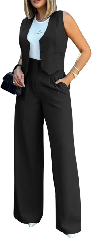 Womens 2 Piece Sets Casual Jacket Suits Short Blazer Vest and High Waist Wide Leg Pant Trendy Lounge Outfits with Pockets