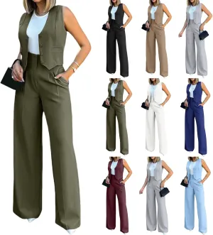 Womens 2 Piece Sets Casual Jacket Suits Short Blazer Vest and High Waist Wide Leg Pant Trendy Lounge Outfits with Pockets
