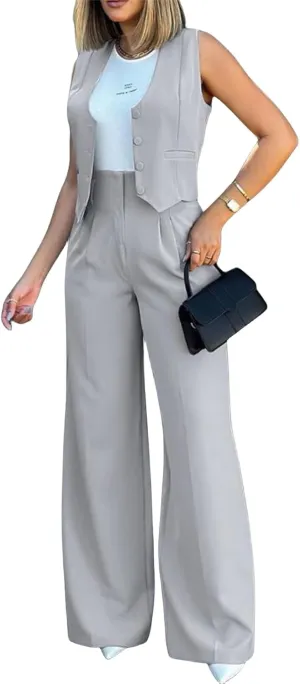 Womens 2 Piece Sets Casual Jacket Suits Short Blazer Vest and High Waist Wide Leg Pant Trendy Lounge Outfits with Pockets