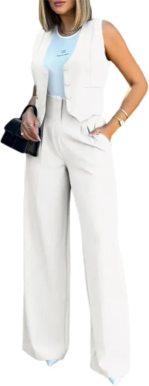 Womens 2 Piece Sets Casual Jacket Suits Short Blazer Vest and High Waist Wide Leg Pant Trendy Lounge Outfits with Pockets