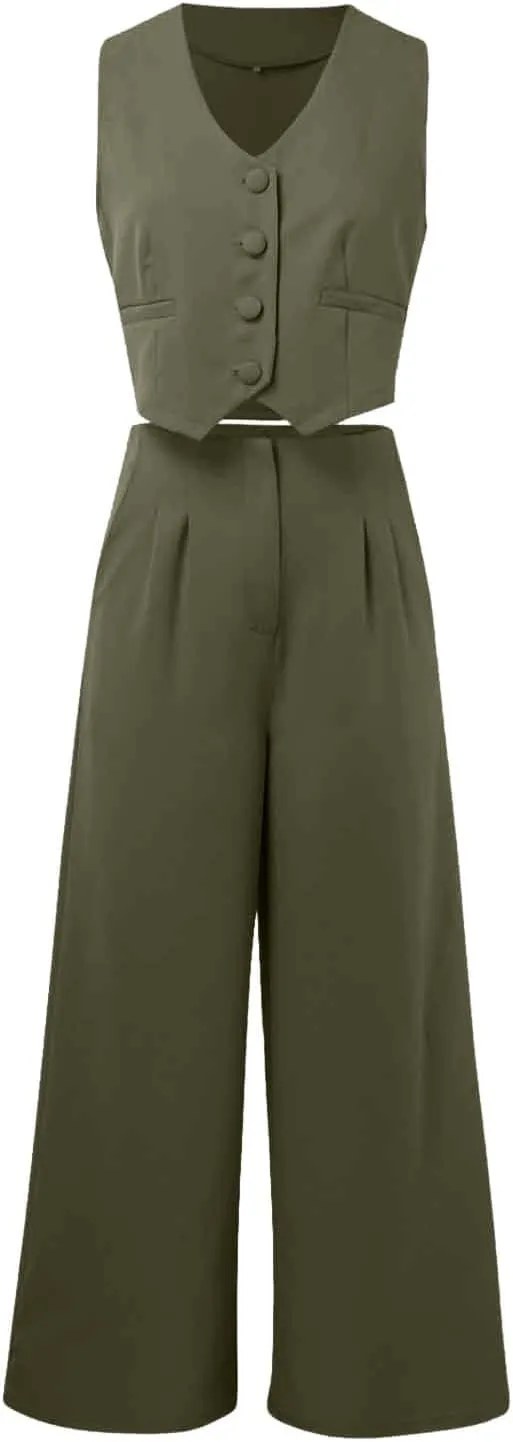 Womens 2 Piece Sets Casual Jacket Suits Short Blazer Vest and High Waist Wide Leg Pant Trendy Lounge Outfits with Pockets