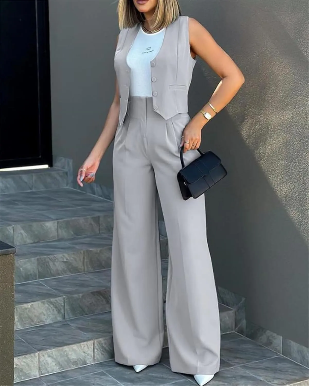 Womens 2 Piece Sets Casual Jacket Suits Short Blazer Vest and High Waist Wide Leg Pant Trendy Lounge Outfits with Pockets