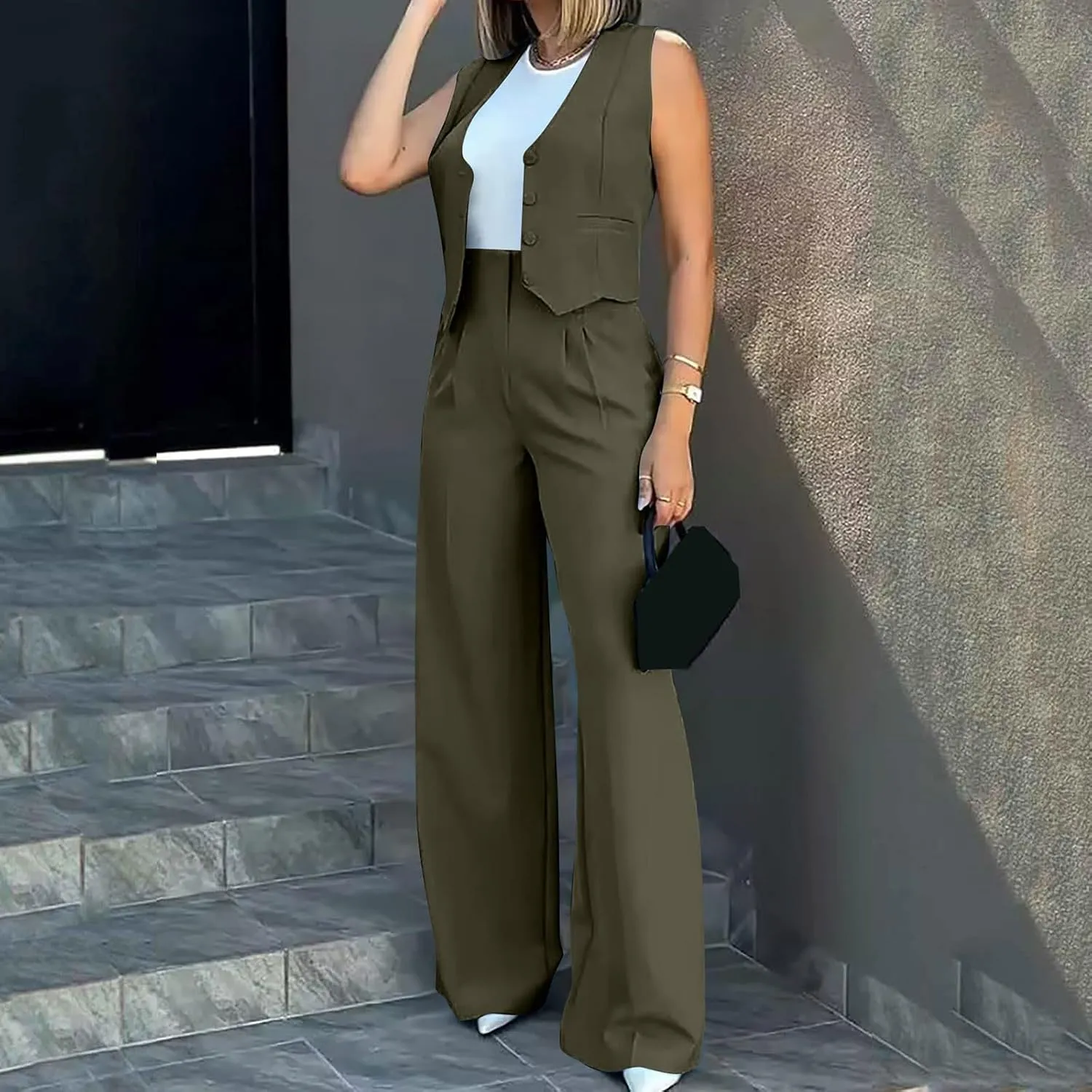 Womens 2 Piece Sets Casual Jacket Suits Short Blazer Vest and High Waist Wide Leg Pant Trendy Lounge Outfits with Pockets