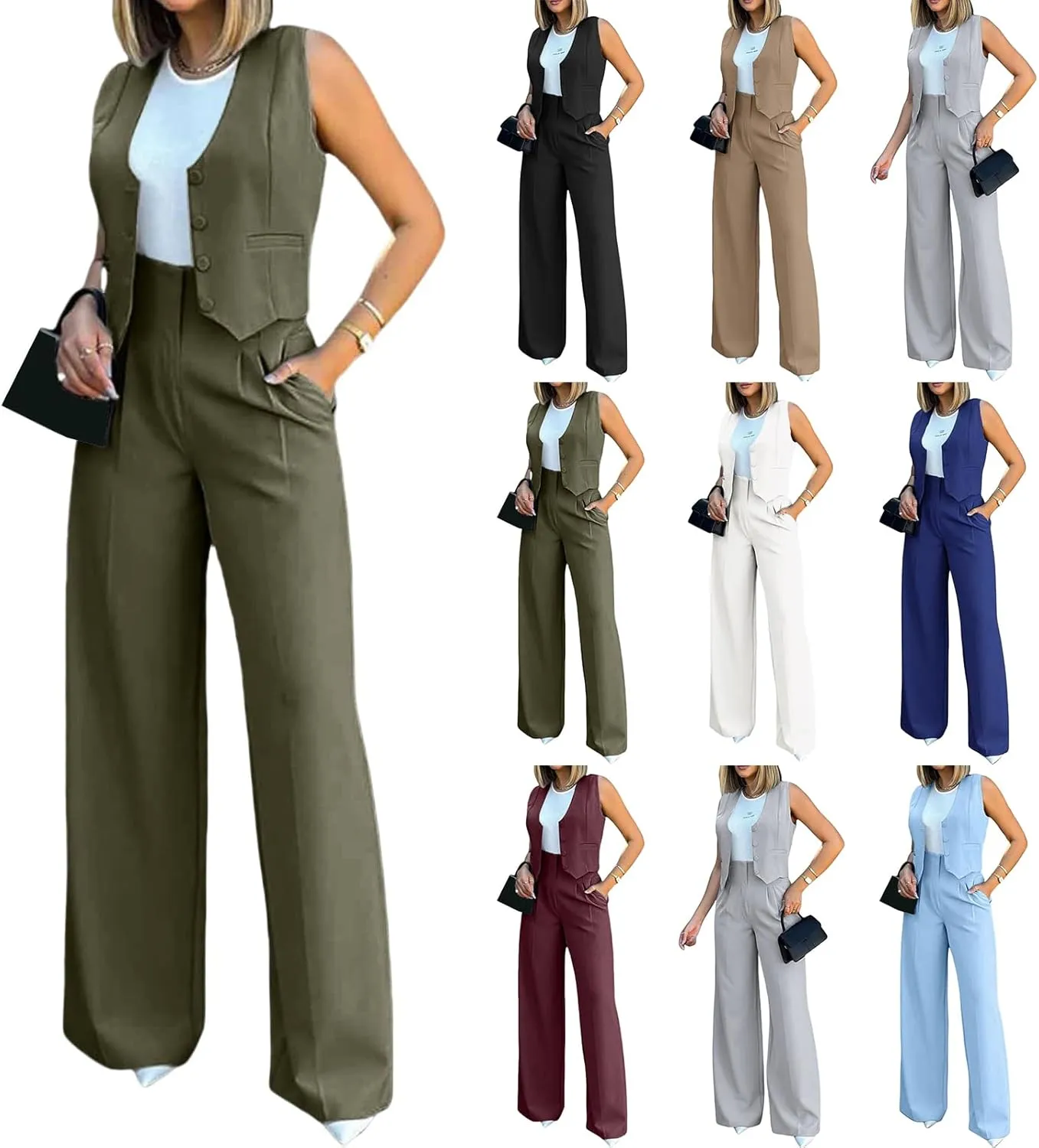 Womens 2 Piece Sets Casual Jacket Suits Short Blazer Vest and High Waist Wide Leg Pant Trendy Lounge Outfits with Pockets