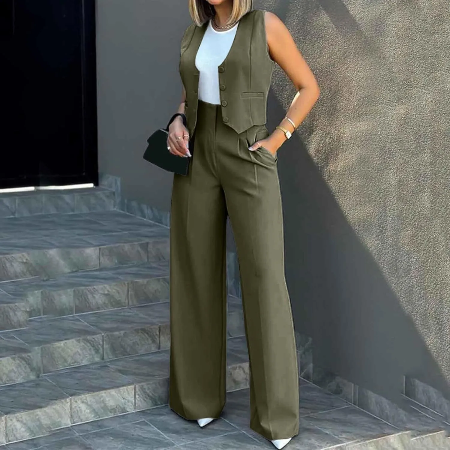 Womens 2 Piece Sets Casual Jacket Suits Short Blazer Vest and High Waist Wide Leg Pant Trendy Lounge Outfits with Pockets