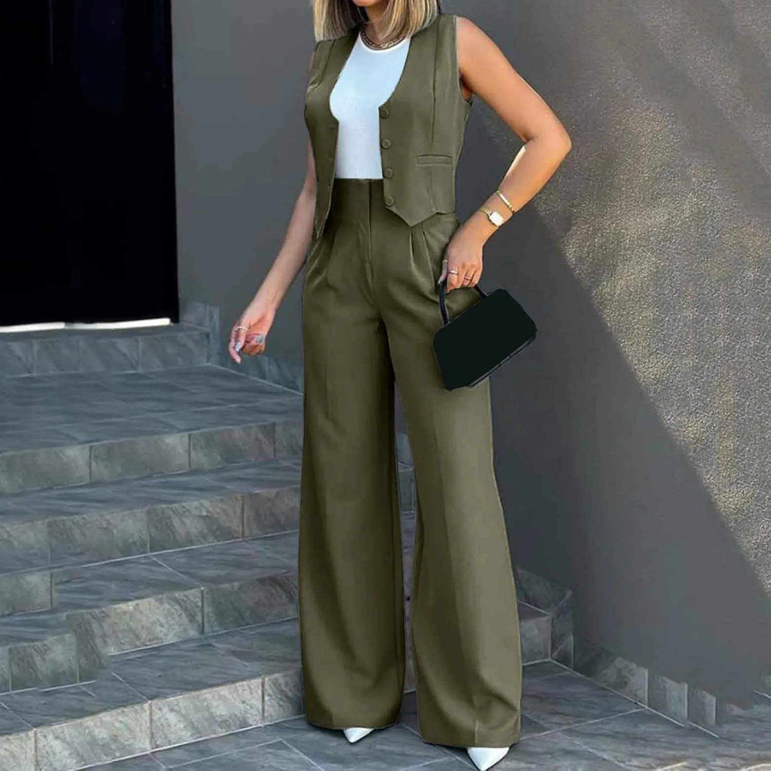 Womens 2 Piece Sets Casual Jacket Suits Short Blazer Vest and High Waist Wide Leg Pant Trendy Lounge Outfits with Pockets