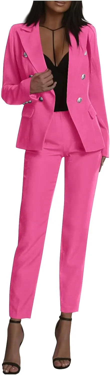 Womens 2 Piece Suit Sets Business Casual Outfits Double Breasted Blazer Jackets Dress Pants Office Work Sets