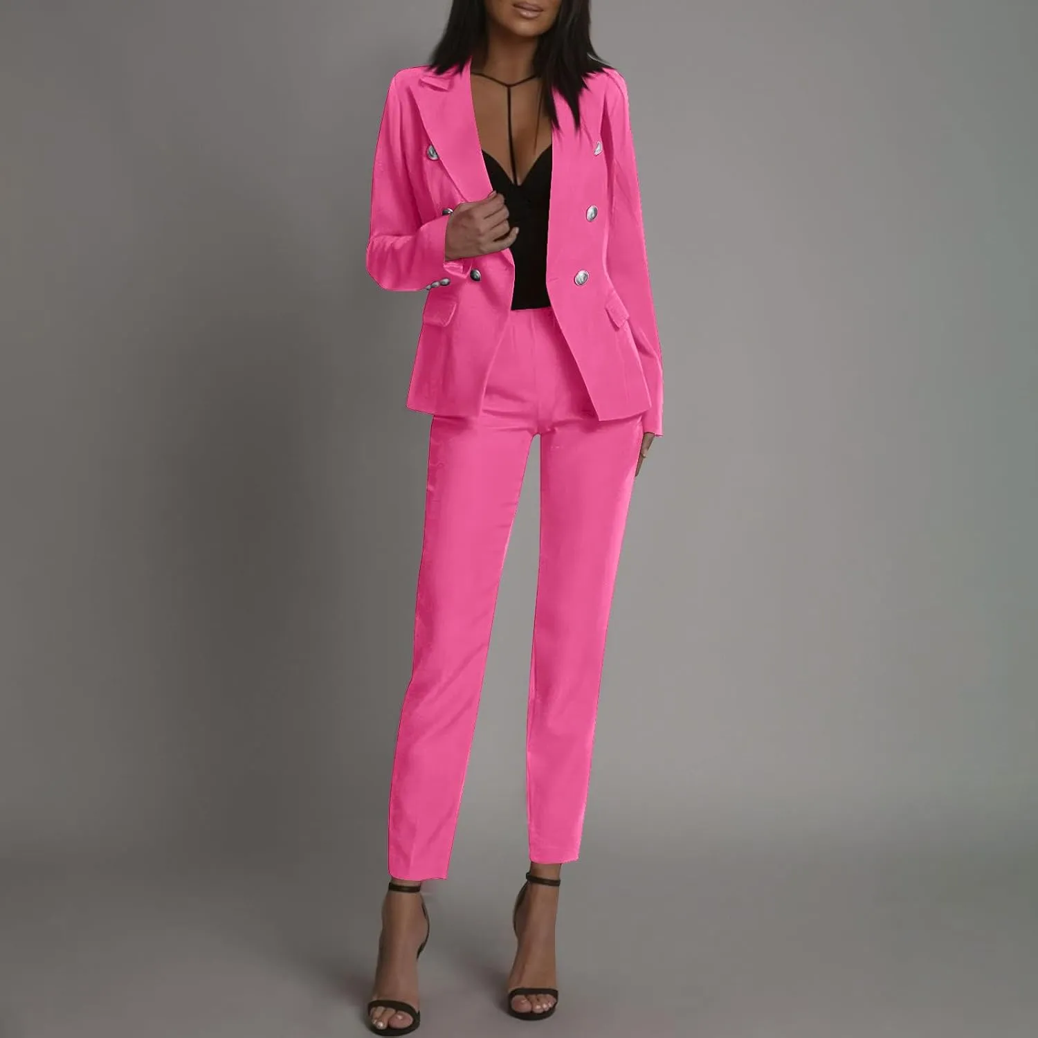 Womens 2 Piece Suit Sets Business Casual Outfits Double Breasted Blazer Jackets Dress Pants Office Work Sets