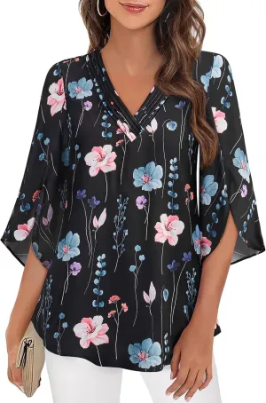 Women's 3/4 Sleeve Tops Pleated V Neck Business Casual Chffion Blouses Dressy Office Work Shirts Loose Fit Tunics