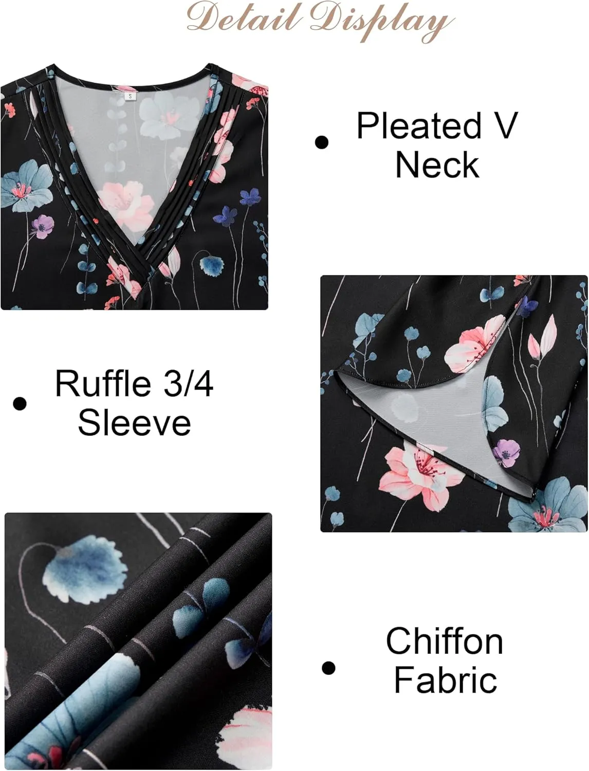 Women's 3/4 Sleeve Tops Pleated V Neck Business Casual Chffion Blouses Dressy Office Work Shirts Loose Fit Tunics