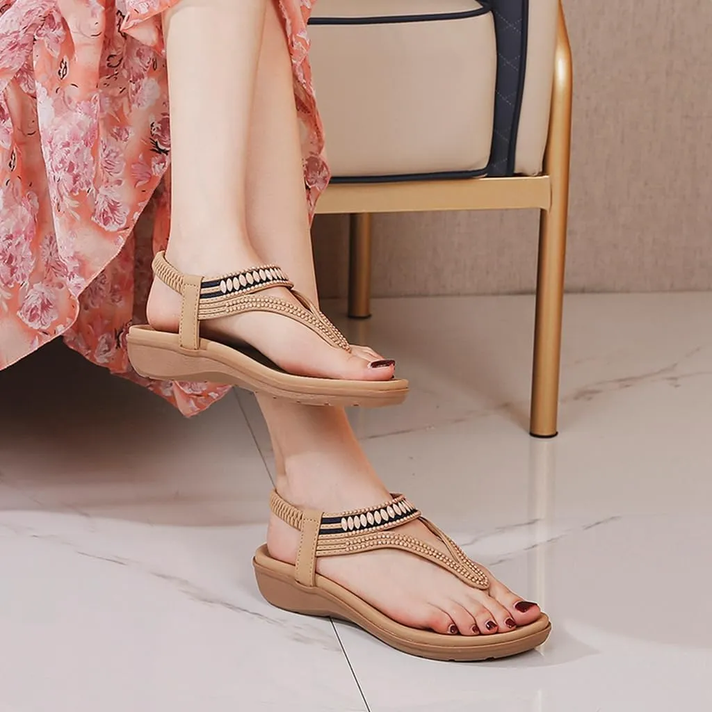 Women's Bohemian Rhinestone T-strap Flat Sandals Summer Comfortable Flipflops Embellished Beach Thong Sandal