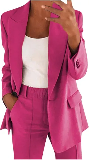 Womens Business Casual Outfits for Work Two Piece Office Sets Long Sleeve Blazer Jacket and Elastic Waist Pants