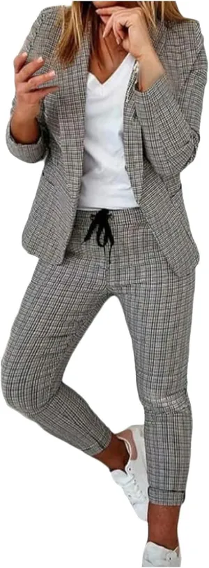 Womens Business Casual Sets 2 Piece Outfits Office Work Long Sleeve Blazer Jacket Drawstring Pants Trendy Suit Sets