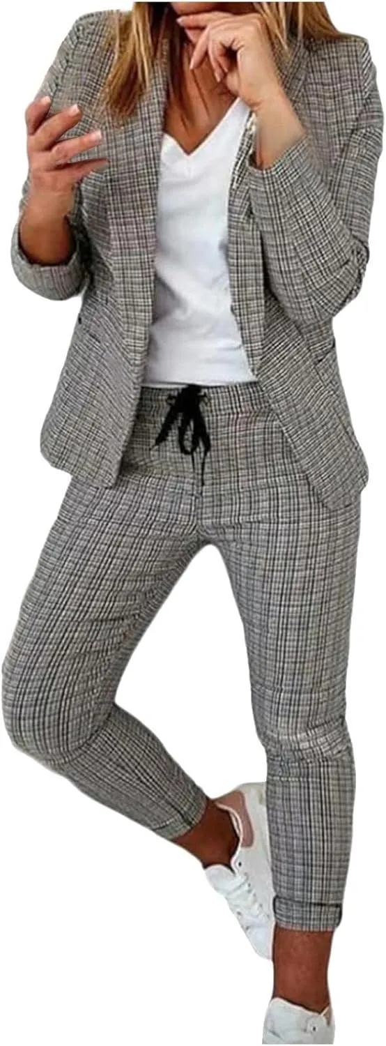 Womens Business Casual Sets 2 Piece Outfits Office Work Long Sleeve Blazer Jacket Drawstring Pants Trendy Suit Sets