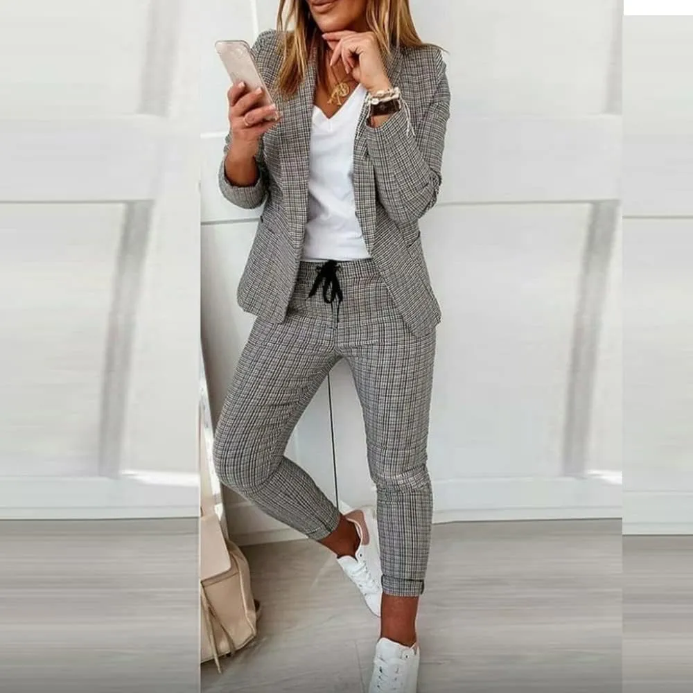 Womens Business Casual Sets 2 Piece Outfits Office Work Long Sleeve Blazer Jacket Drawstring Pants Trendy Suit Sets