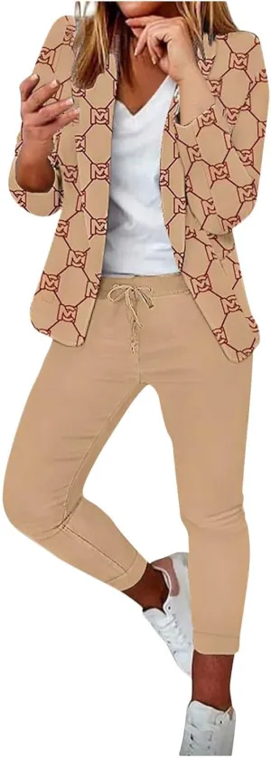 Womens Business Casual Sets 2 Piece Outfits Office Work Long Sleeve Blazer Jacket Drawstring Pants Trendy Suit Sets