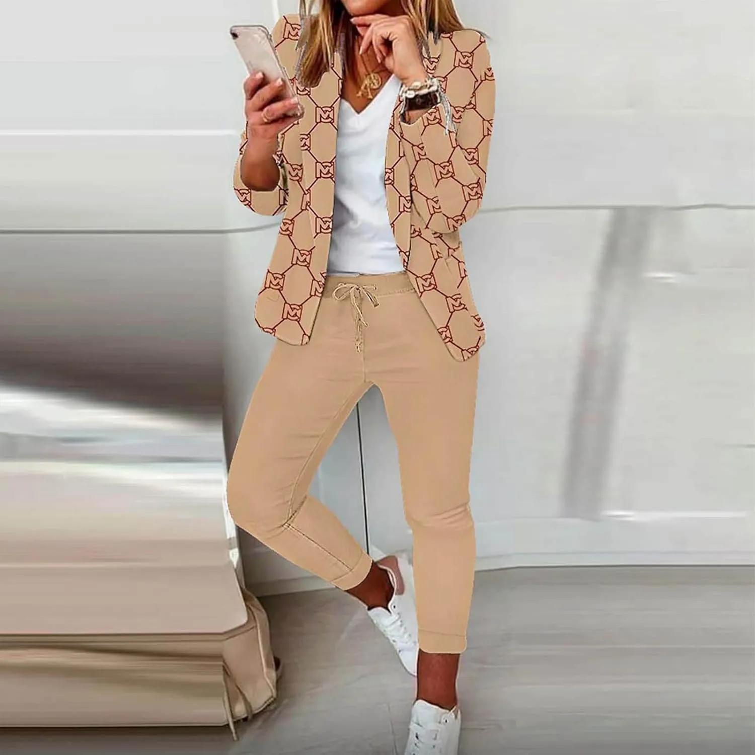 Womens Business Casual Sets 2 Piece Outfits Office Work Long Sleeve Blazer Jacket Drawstring Pants Trendy Suit Sets