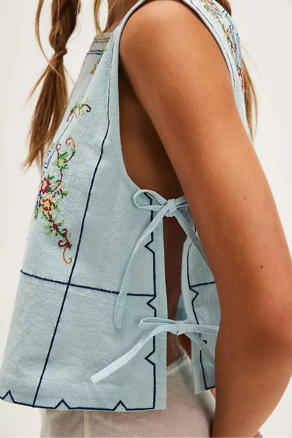 Women's Camisole Summer Tie Strap Tank Tops Y2k Solid Plaid Side Ties Sleeveless Tops Floral Embroidered Vest Top
