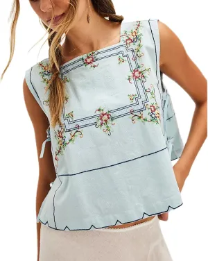 Women's Camisole Summer Tie Strap Tank Tops Y2k Solid Plaid Side Ties Sleeveless Tops Floral Embroidered Vest Top