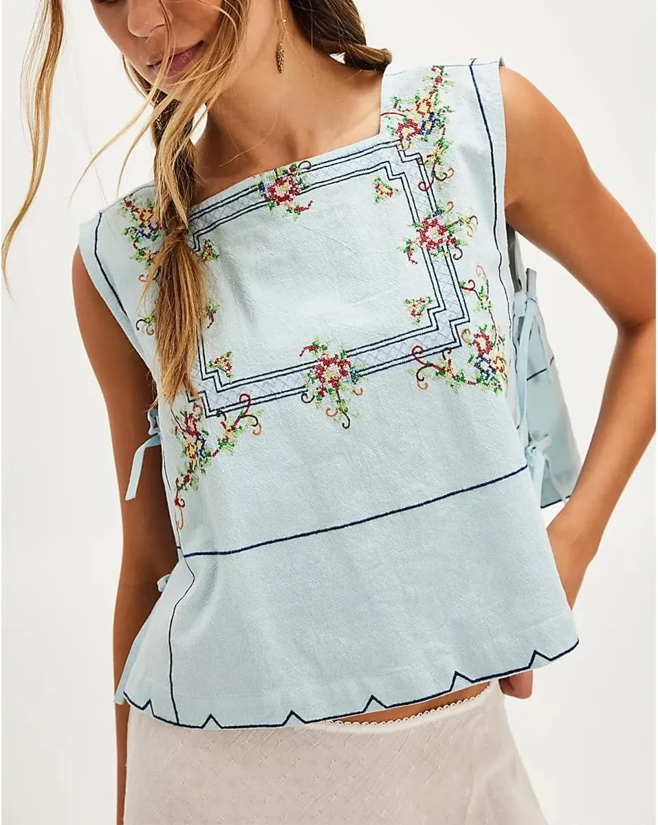 Women's Camisole Summer Tie Strap Tank Tops Y2k Solid Plaid Side Ties Sleeveless Tops Floral Embroidered Vest Top