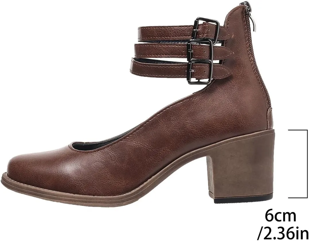 Womens Chunky Heel Strappy Pumps Chunky Low Block Heels Close Round Toe Dress Shoes with Ankle Strap Dress Party Shoes