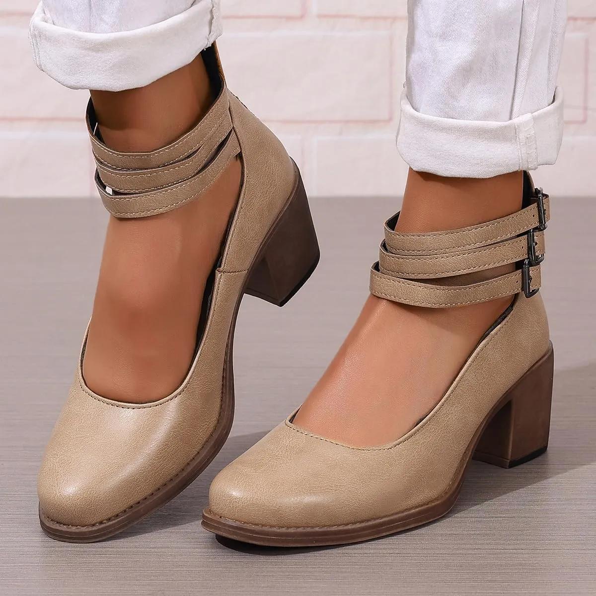 Womens Chunky Heel Strappy Pumps Chunky Low Block Heels Close Round Toe Dress Shoes with Ankle Strap Dress Party Shoes