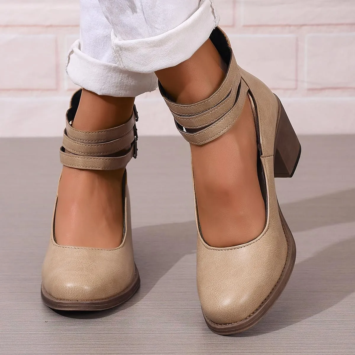 Womens Chunky Heel Strappy Pumps Chunky Low Block Heels Close Round Toe Dress Shoes with Ankle Strap Dress Party Shoes
