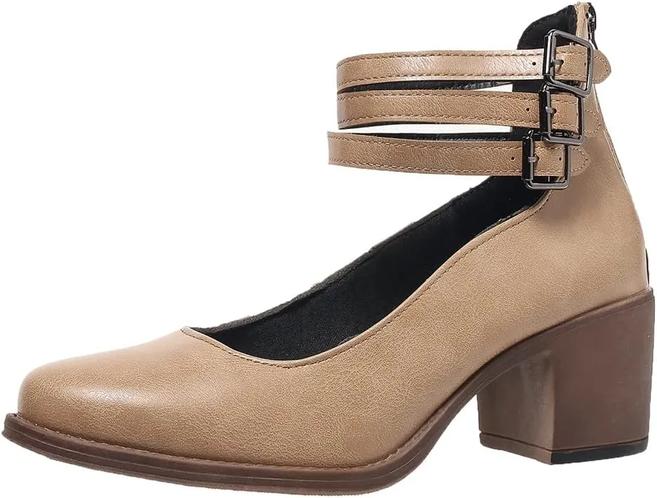 Womens Chunky Heel Strappy Pumps Chunky Low Block Heels Close Round Toe Dress Shoes with Ankle Strap Dress Party Shoes