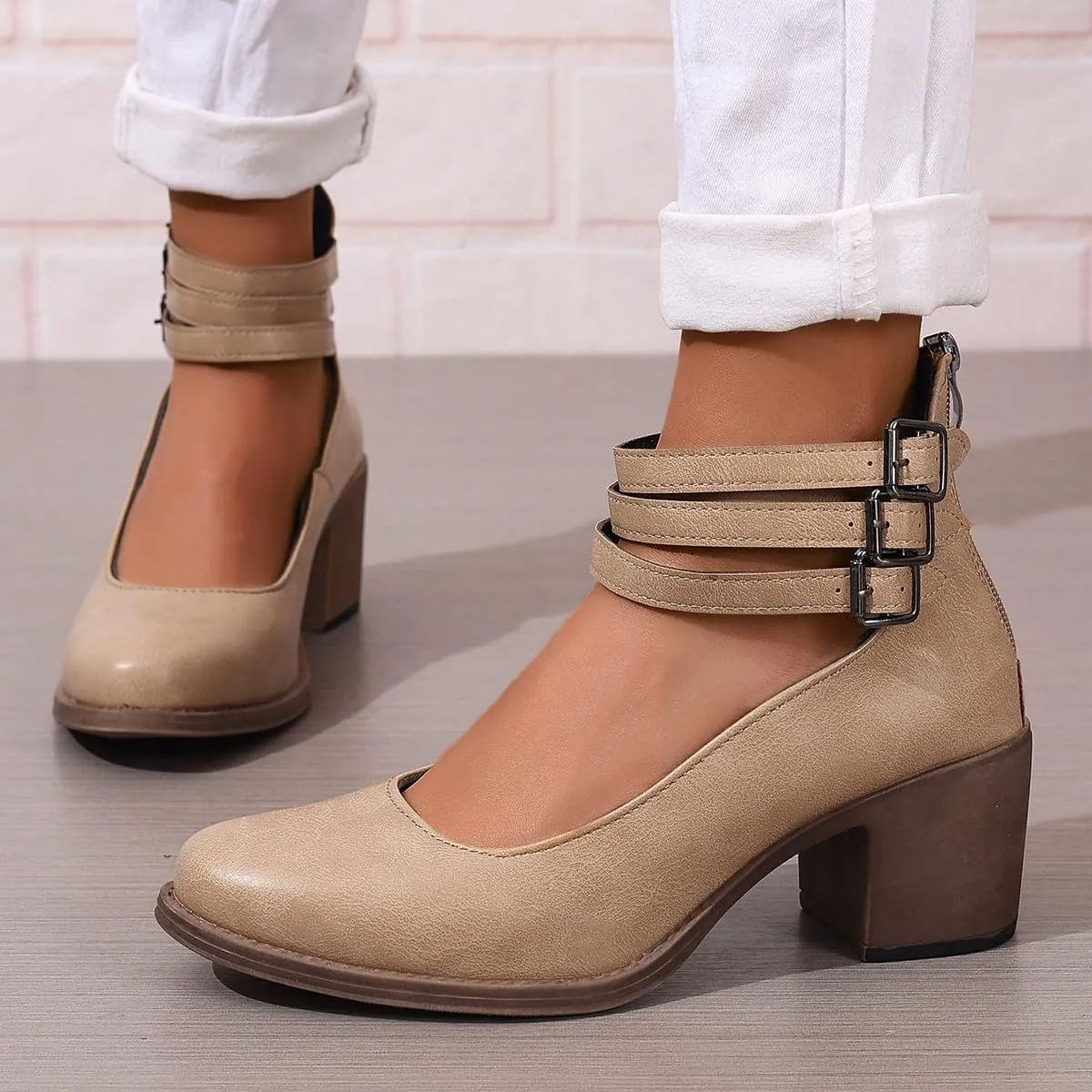 Womens Chunky Heel Strappy Pumps Chunky Low Block Heels Close Round Toe Dress Shoes with Ankle Strap Dress Party Shoes