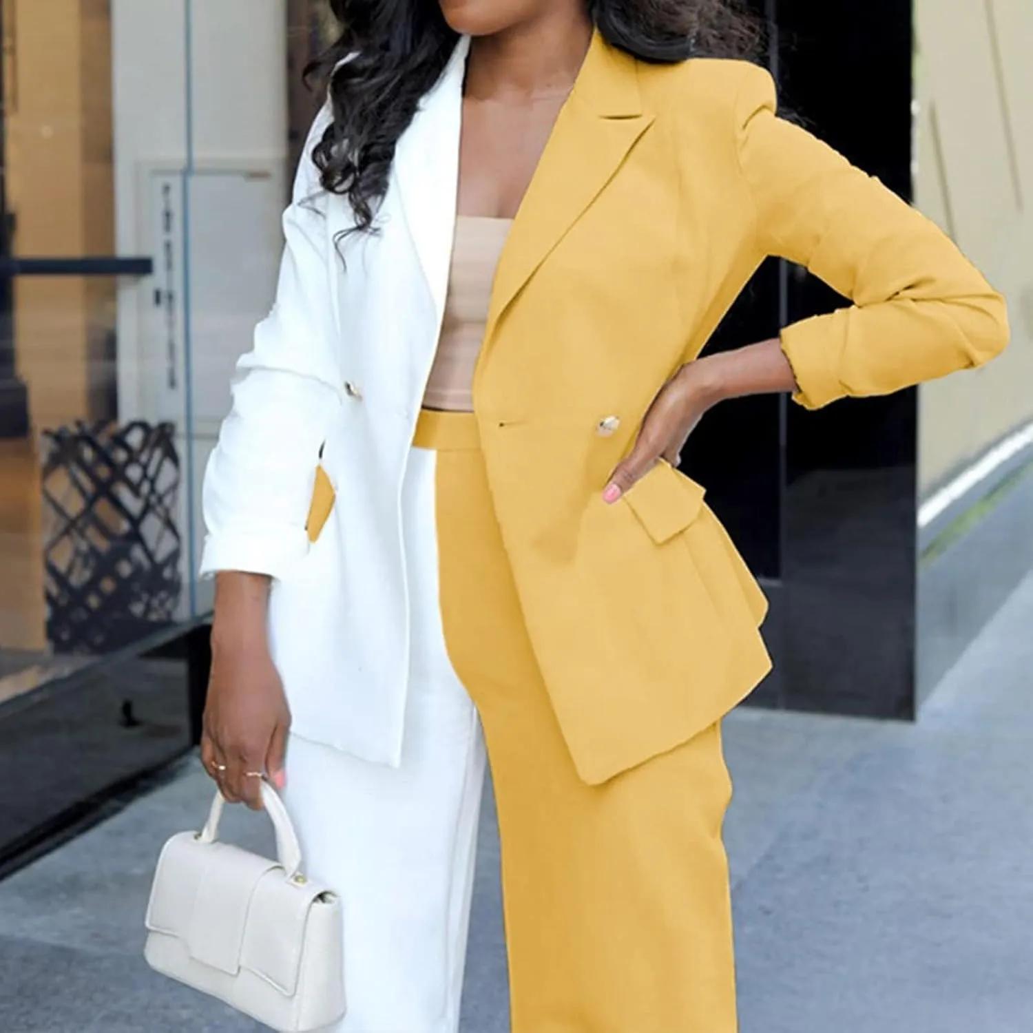 Womens Color Block Suit Sets Two Piece Business Casual Outfits Open Front Blazer High Waist Pants Work Clothes