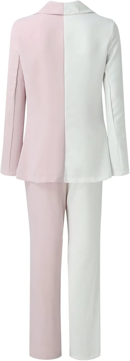Womens Color Block Suit Sets Two Piece Business Casual Outfits Open Front Blazer High Waist Pants Work Clothes