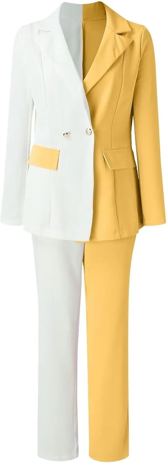 Womens Color Block Suit Sets Two Piece Business Casual Outfits Open Front Blazer High Waist Pants Work Clothes