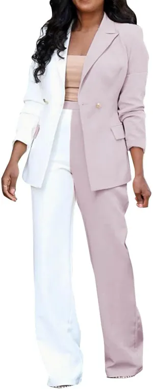 Womens Color Block Suit Sets Two Piece Business Casual Outfits Open Front Blazer High Waist Pants Work Clothes