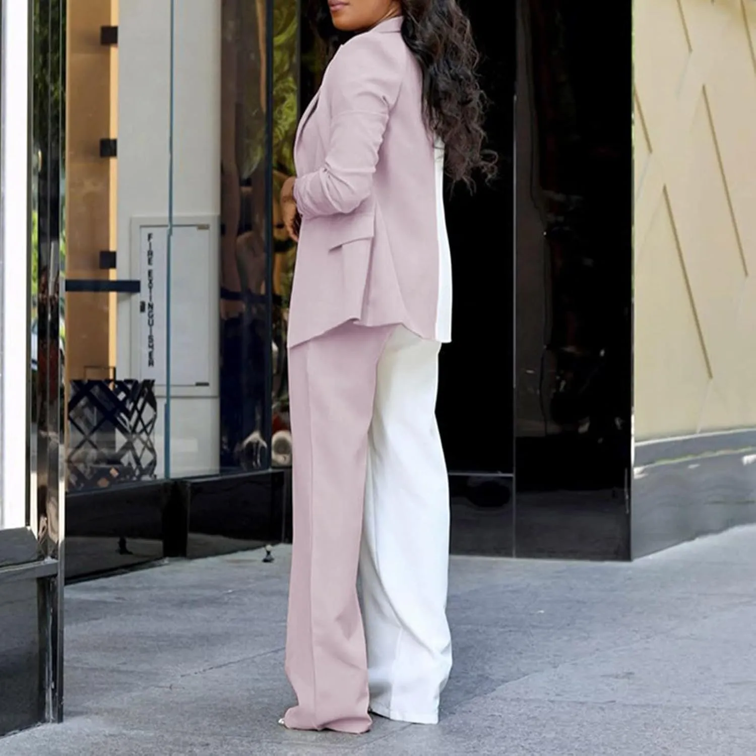 Womens Color Block Suit Sets Two Piece Business Casual Outfits Open Front Blazer High Waist Pants Work Clothes