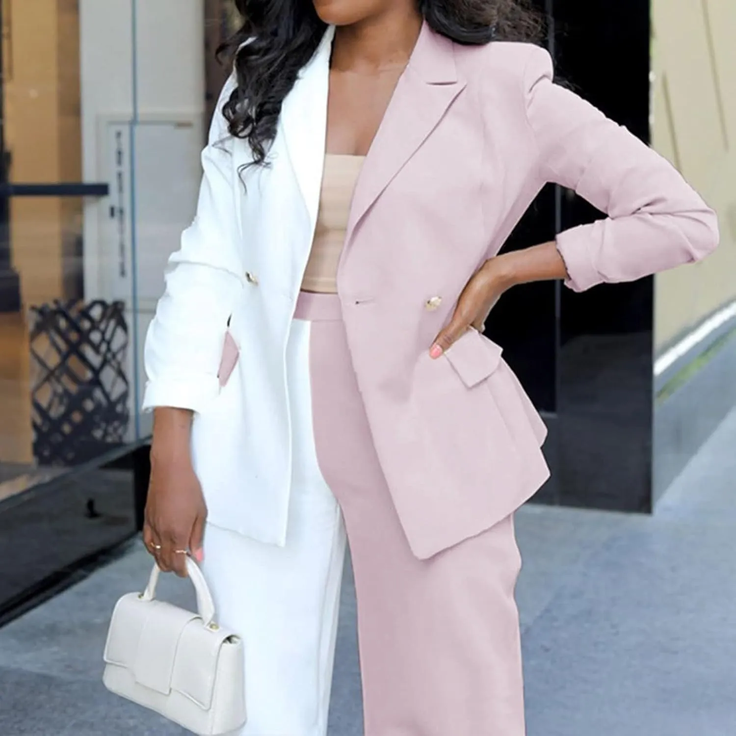 Womens Color Block Suit Sets Two Piece Business Casual Outfits Open Front Blazer High Waist Pants Work Clothes