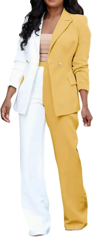 Womens Color Block Suit Sets Two Piece Business Casual Outfits Open Front Blazer High Waist Pants Work Clothes