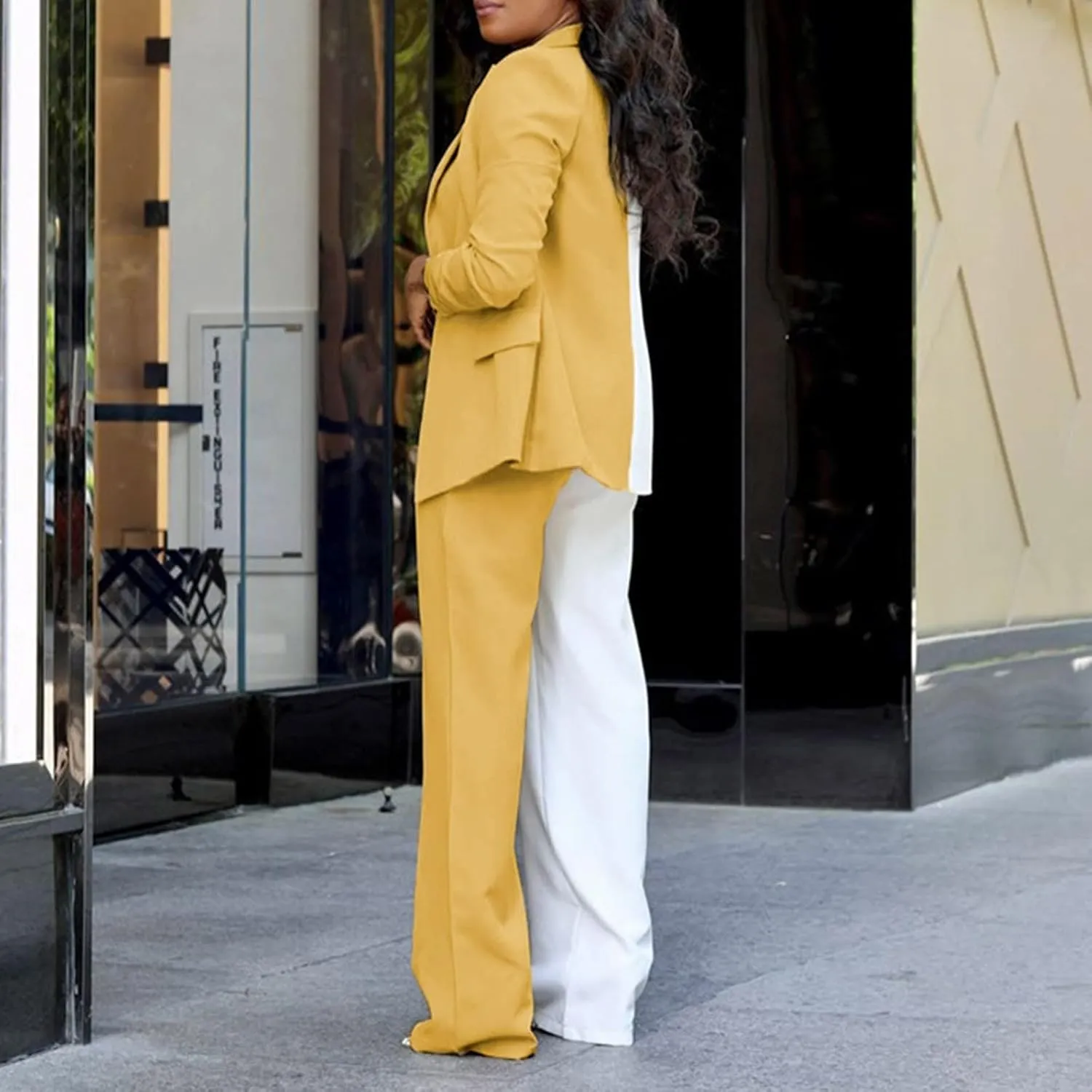 Womens Color Block Suit Sets Two Piece Business Casual Outfits Open Front Blazer High Waist Pants Work Clothes