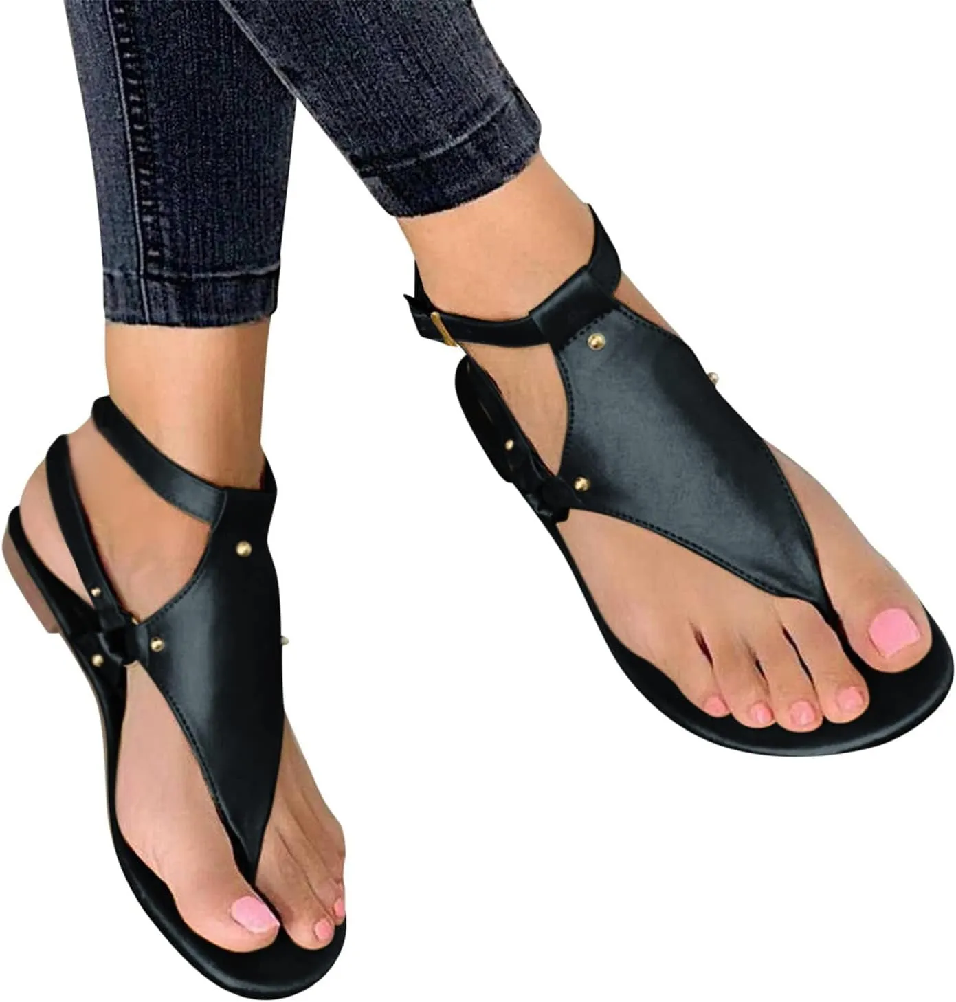 Womens Dressy Thong Sandals Low Heel Open Toe Flat Buckle Ankle Strap Comfortable Shoes Beach Walking Gladiator Roman Sandals Breathable Casual Soft Shoes