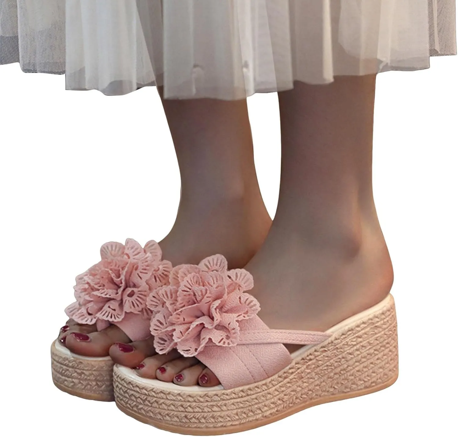 Women's Espadrilles Chunky Wedge Platform Sandals 2025 Summer Fashion Open Toe Woven Flower Casual Slip On Sandals Outdoor Casual Non Slip Walking Travel Shoes with Arch Support