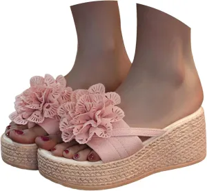 Women's Espadrilles Chunky Wedge Platform Sandals 2025 Summer Fashion Open Toe Woven Flower Casual Slip On Sandals Outdoor Casual Non Slip Walking Travel Shoes with Arch Support