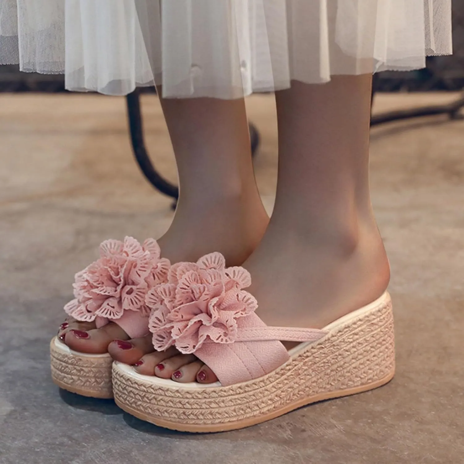 Women's Espadrilles Chunky Wedge Platform Sandals 2025 Summer Fashion Open Toe Woven Flower Casual Slip On Sandals Outdoor Casual Non Slip Walking Travel Shoes with Arch Support