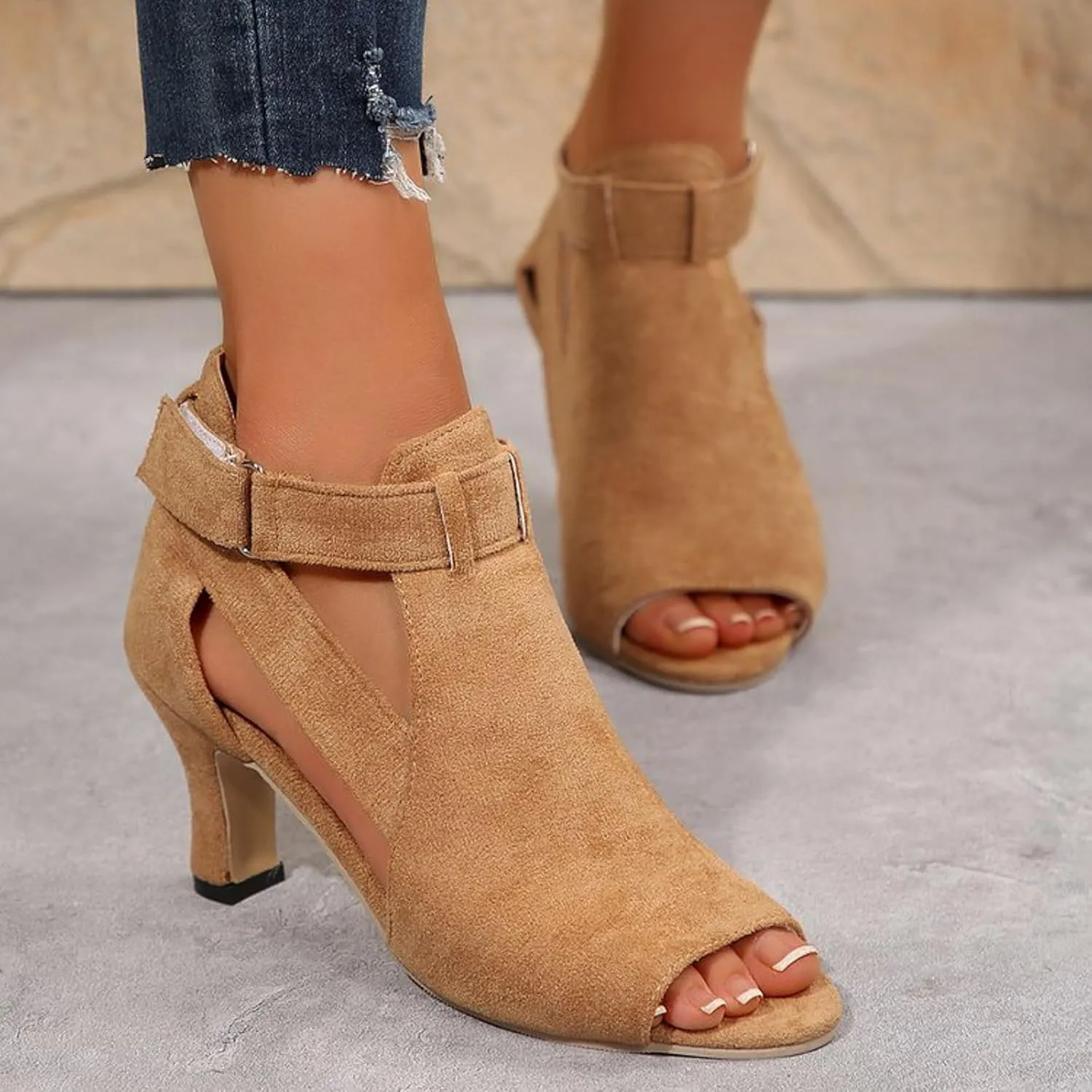 Women's Fish Mouth Fashionable High Heel Fish Mouth Adjustable Casual Suede Sandals Flower Sandals for Women Flat